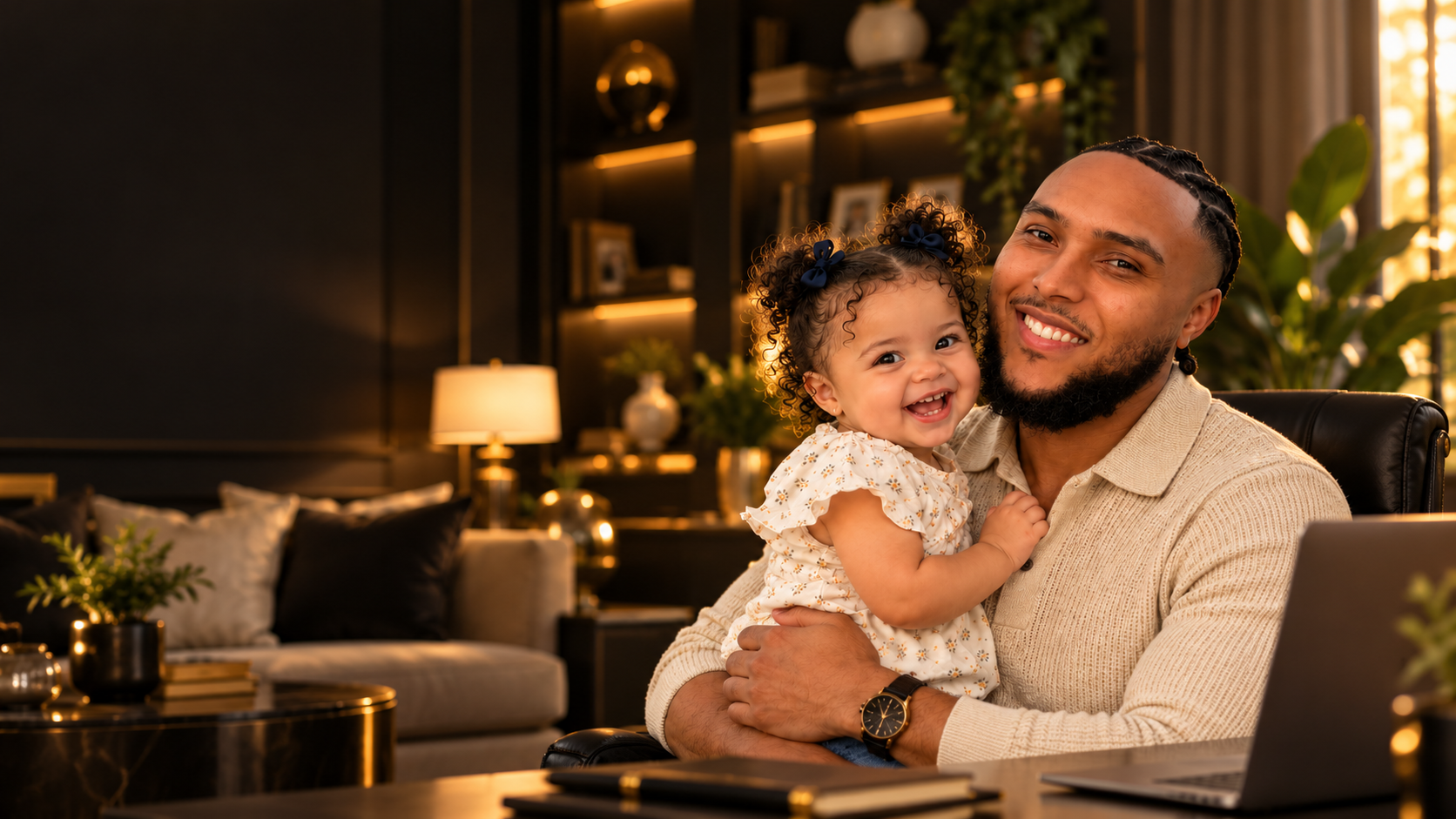 Yanis Bekli avec sa fille dans son bureau